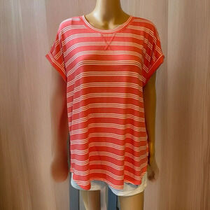 Como Vintage Women's XXL Short Sleeve Shirt Orange White Stripe Soft Comfort